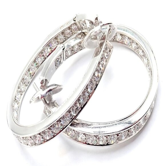 Authentic! Van Cleef & Arpels 18k White Gold Diamond Large Hoop Earrings - Picture 8 of 16